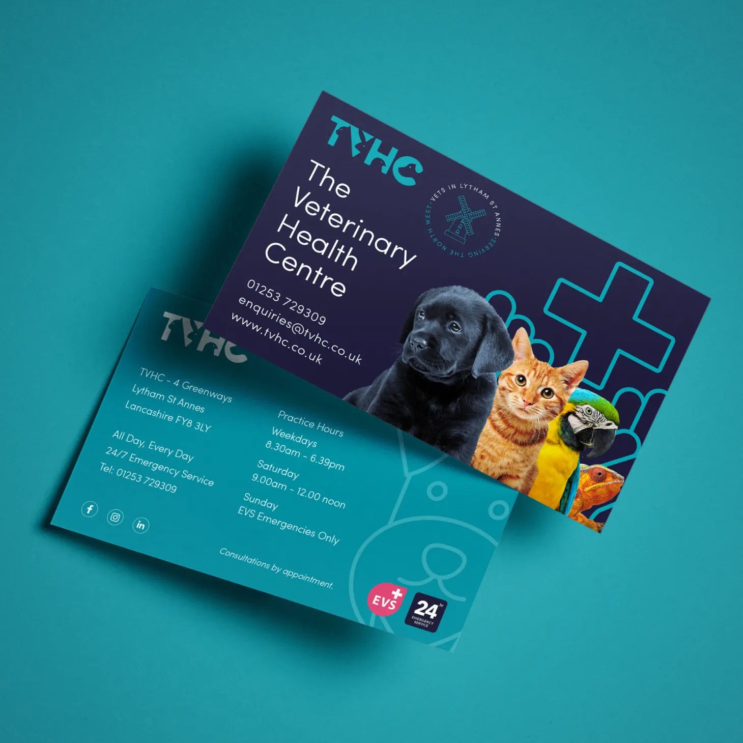 TVHC The Veterinary Health Centre printed business card designed by DotPerformance, showing the practice name, contact details, opening hours and address in Lytham St Annes, Lancashire, with photography of a dog, cat and parrot